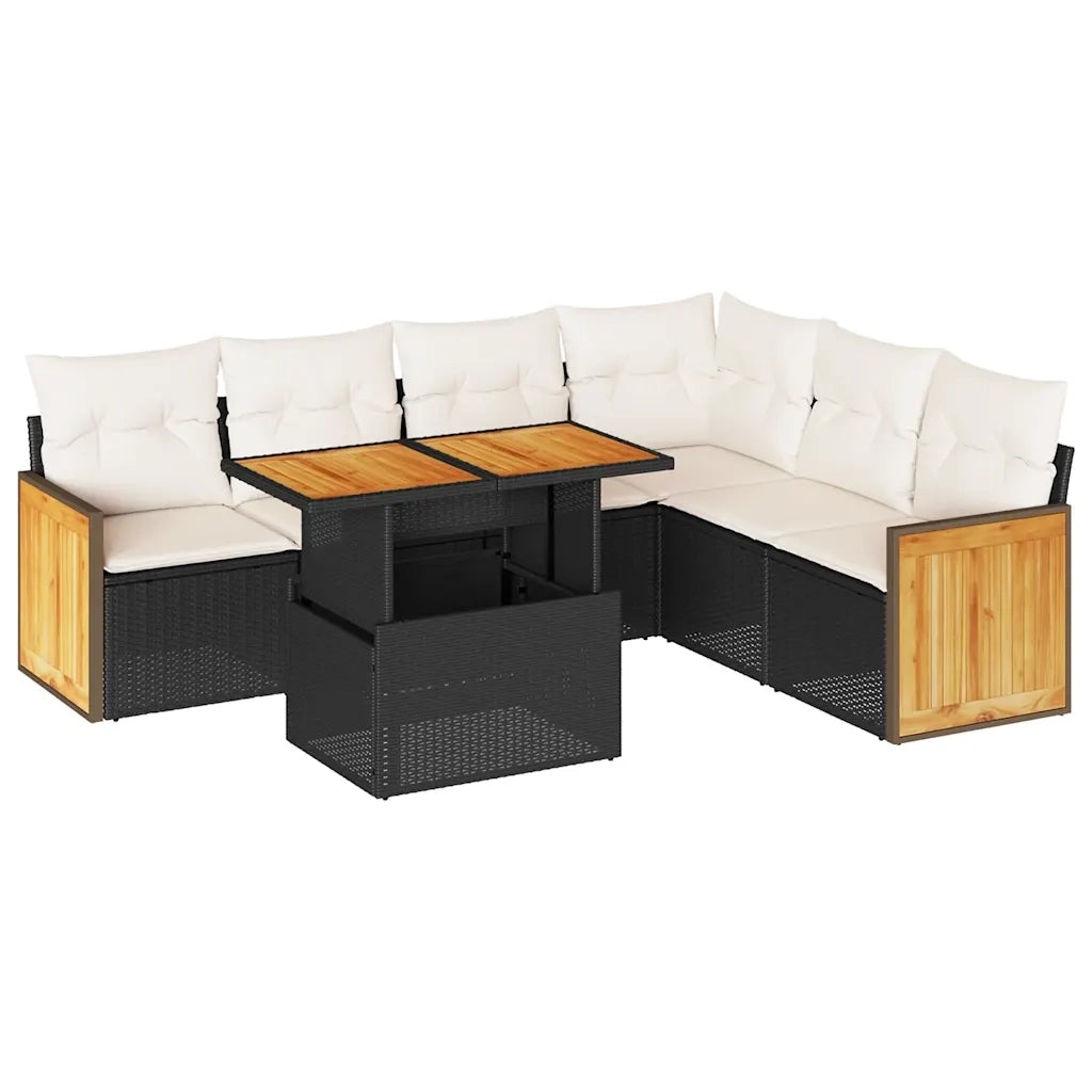 Set Divani da Giardino con Cuscini 7pz Nero Polyrattan Acacia