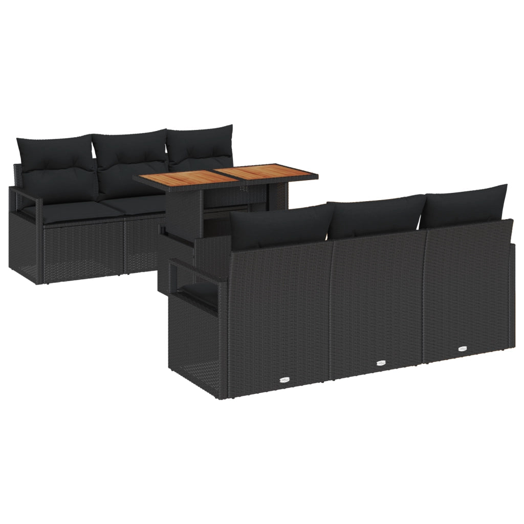 Set Divani da Giardino con Cuscini  7 Pezzi Rattan Poliestere Nero Acacia