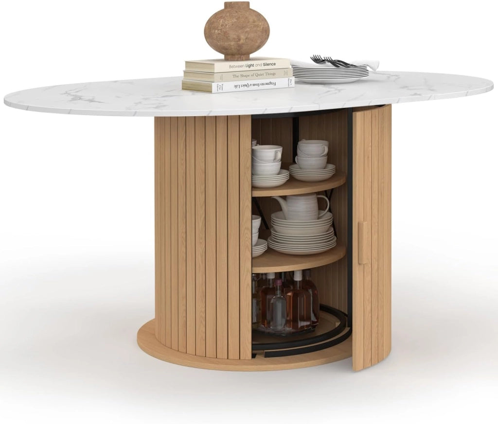 Tavolo da pranzo allungabile rotondo Juliette 4-8 Persone piedi doghe con ripiano effetto marmo bianco 110-150 cm