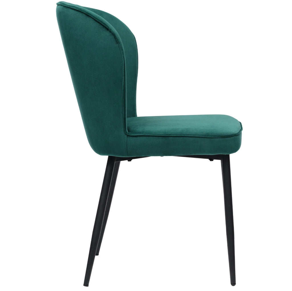 Sedia da pranzo moderna in velluto verde con gambe in metallo; seduta imbottita