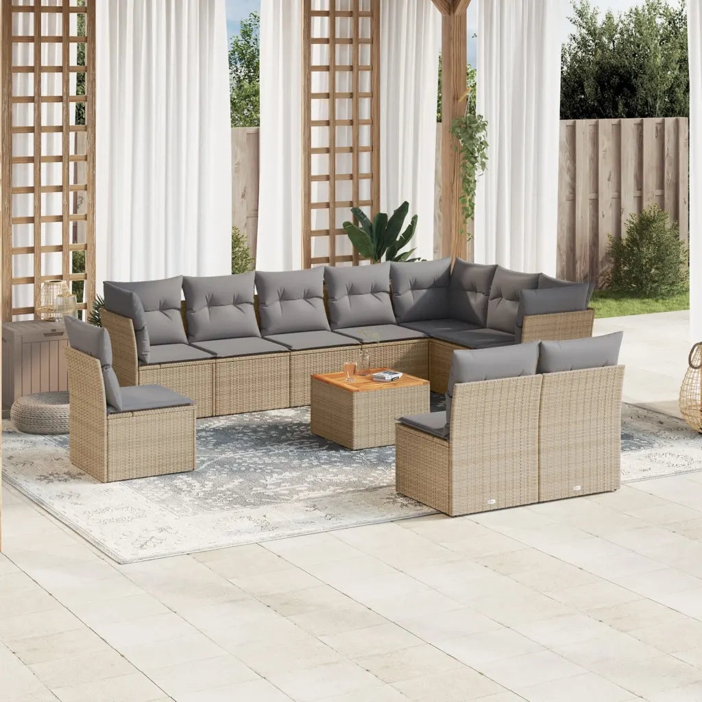 Set Divani da Giardino 11 pz con Cuscini Beige in Polyrattan