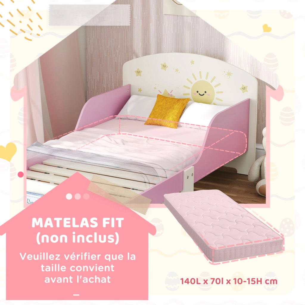Letto singolo per bambini con barriera di sicurezza, rete a doghe e contenitore ¨C zephmum ¨C rosa 70x140 cm