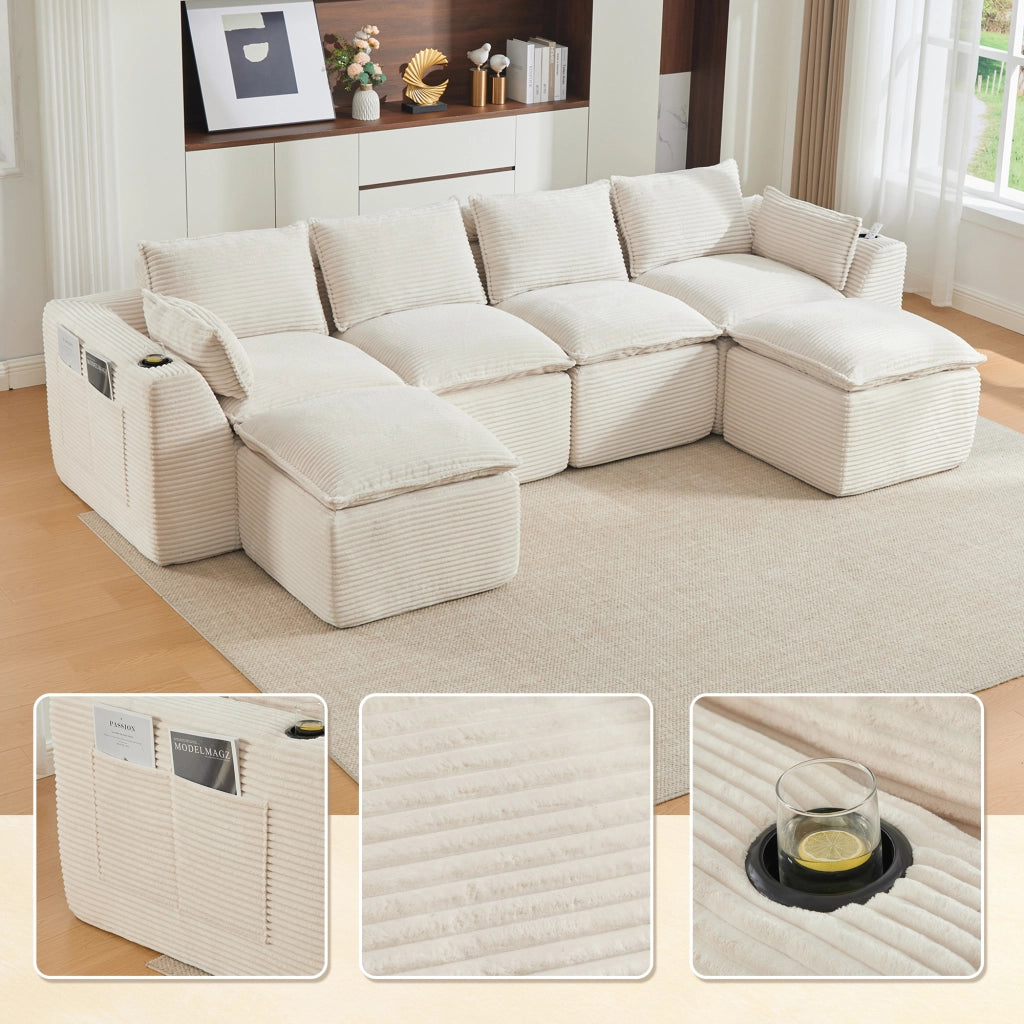 Divano modulare 4 posti con tasche laterali e cuscini struttura a molle e schiuma in velluto a coste beige