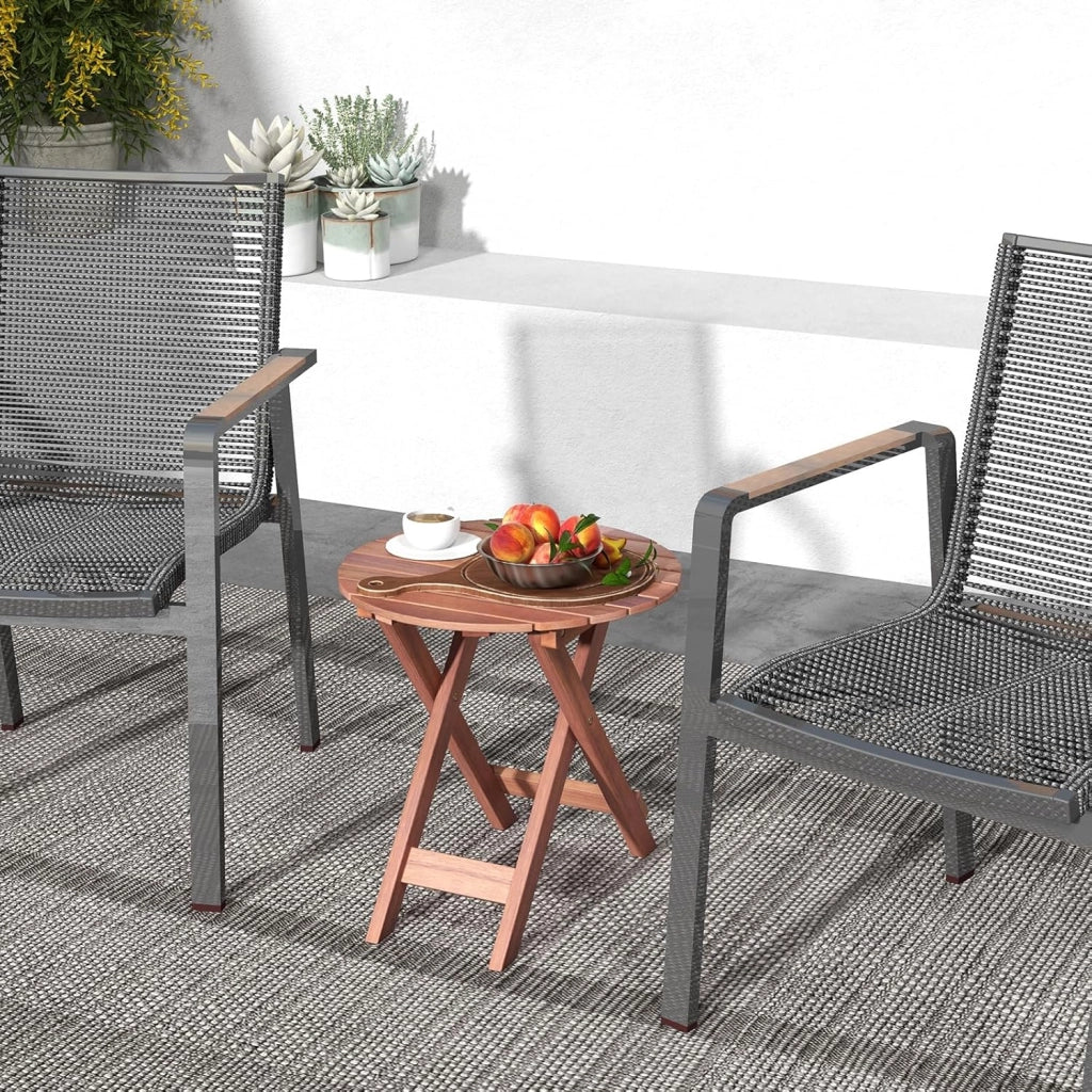 Tavolino in legno di acacia con piano rotondo, punta del divano robusta con gambe incrociate a forma di X, adatto per soggiorno, camera da letto, balcone, esterno, naturale (46 x 45)