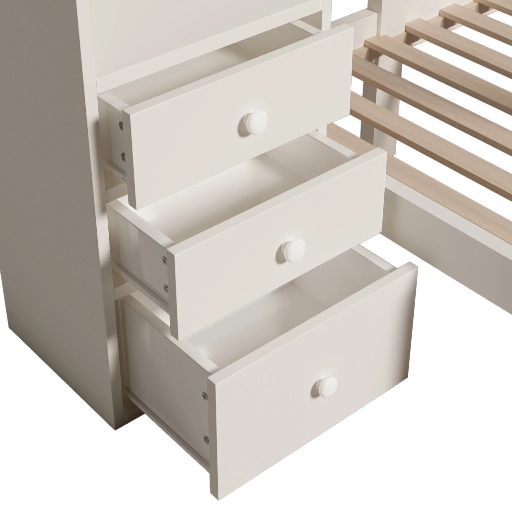 Letto a Castello 90x200 cm con LED; Armadio; Ripiani e Cassetti in Metallo e Legno Bianco