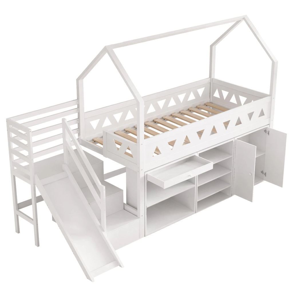 Letto per bambini 90x200 cm con scivolo, scale e cassetti