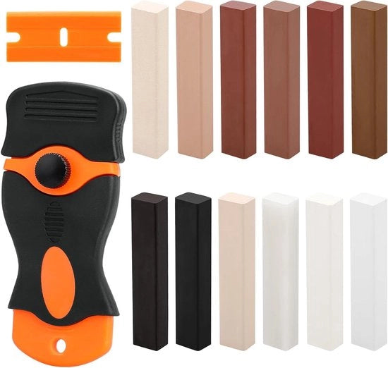 Kit di riparazione con cera dura per pavimenti in laminato e riparazione di mobili - 12 pezzi - PVC vinile - legno - piastrelle - riparazione di graffi e danni - riempimento per danni - tavolo di lavoro - set di cera per riparazione di mobili.