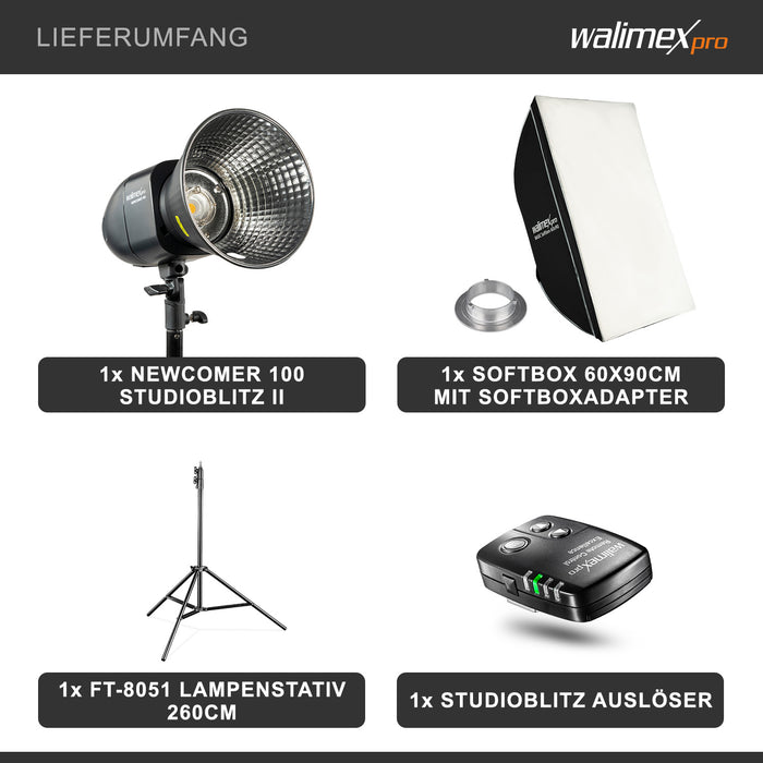 Newcomer 100 Set flash fotografico con potenza di 100 Ws, con radio a 2,4 GHz, softbox 60 x 90 cm e treppiedi per luci, per studio foto video