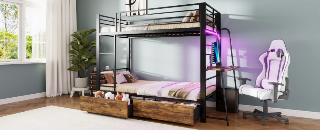 Letto a soppalco 90x200 cm con scrivania; LED e cassetti contenitore in metallo e MDF; nero