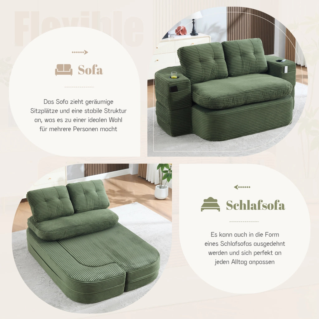 POLTRONA 2 in 1 trasformabile in chaise longue velluto a coste smeraldo con 2 portabicchieri