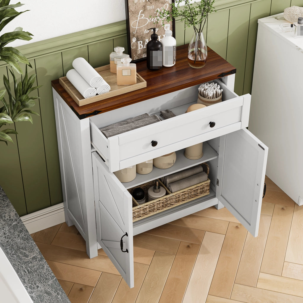 Credenza multifunzionale in stile country con cassetto, ante a fienile e ripiano regolabile, bianca