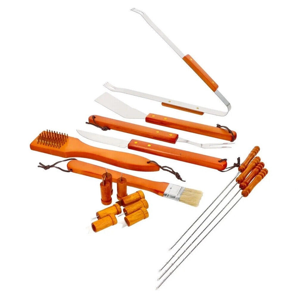 Trade Shop - Set Barbecue 18 Pezzi Con Valigetta Bbq Grill Acciaio Inox Manico Legno 6498010 -