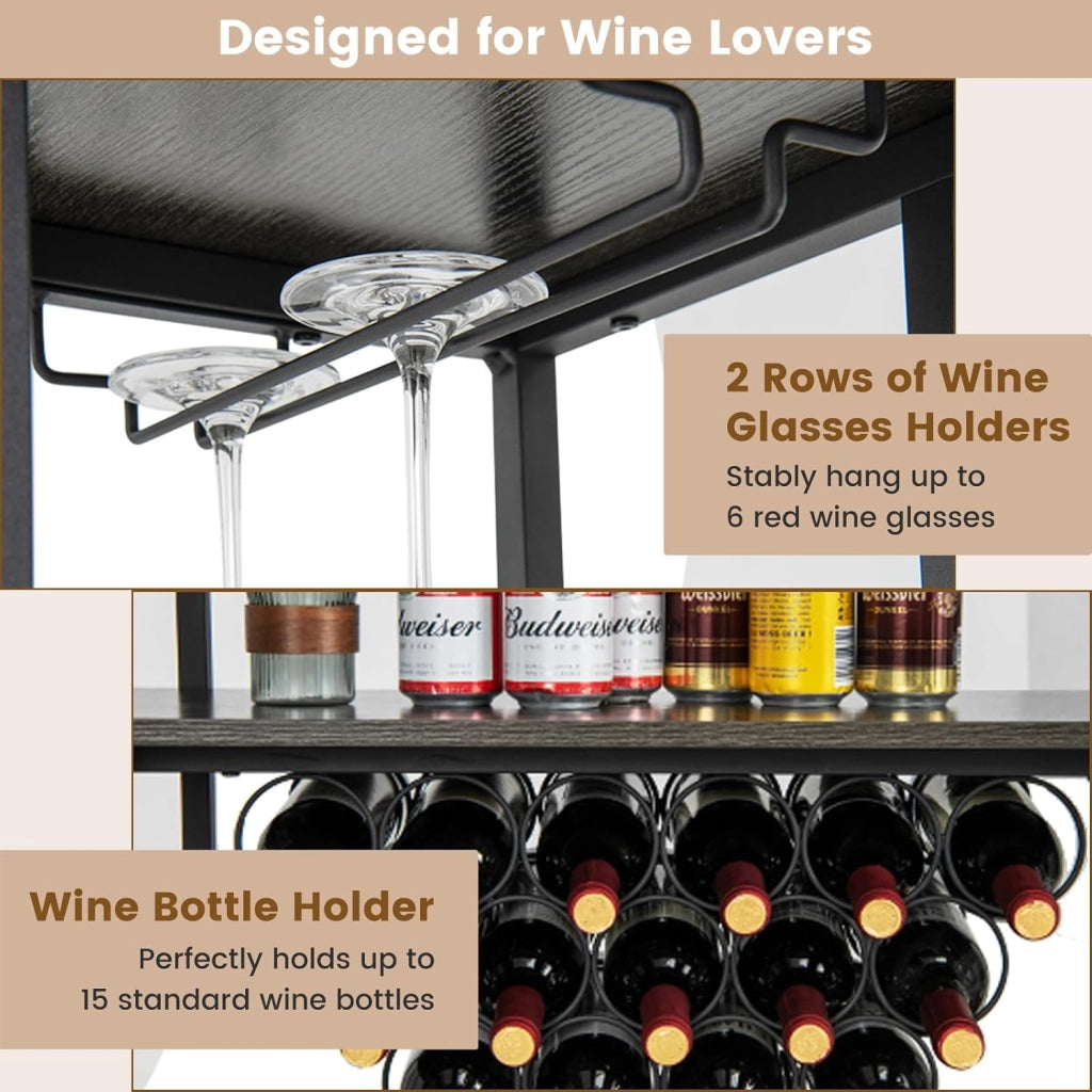 Scaffale per vino con prese per 15 bottiglie e portabottiglie, autoportante, multiuso, per cucina, bar, 113 x 35 x 85 cm (grigio), SE00031MN-LODE