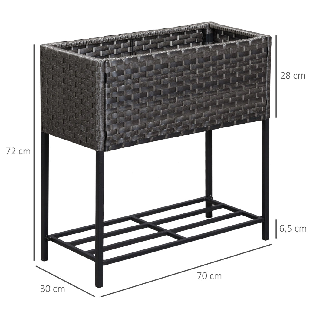 Fioriera rialzata in polyrattan con ripiano, 70 x 30 x 72 cm, marrone