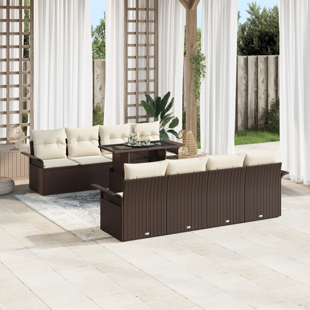 Set Divano da Giardino 9 Pezzi con Cuscini Marrone Rattan Sintetico