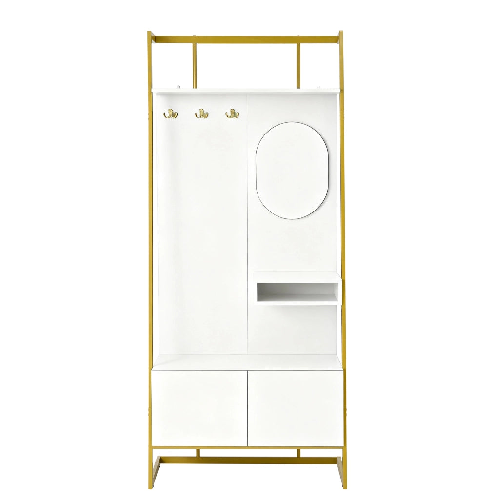Guardaroba compatto da ingresso con specchio; ganci e panca; 2 ante; MDF bianco; 78 x 38;5 x 180;5 cm