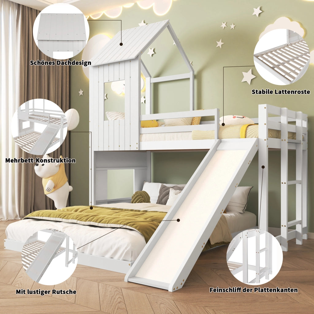 Letto a Castello Letto 3 Posti con Scivolo; Sponda e Scala; 90×200 cm e 140×200 cm; senza Materasso
