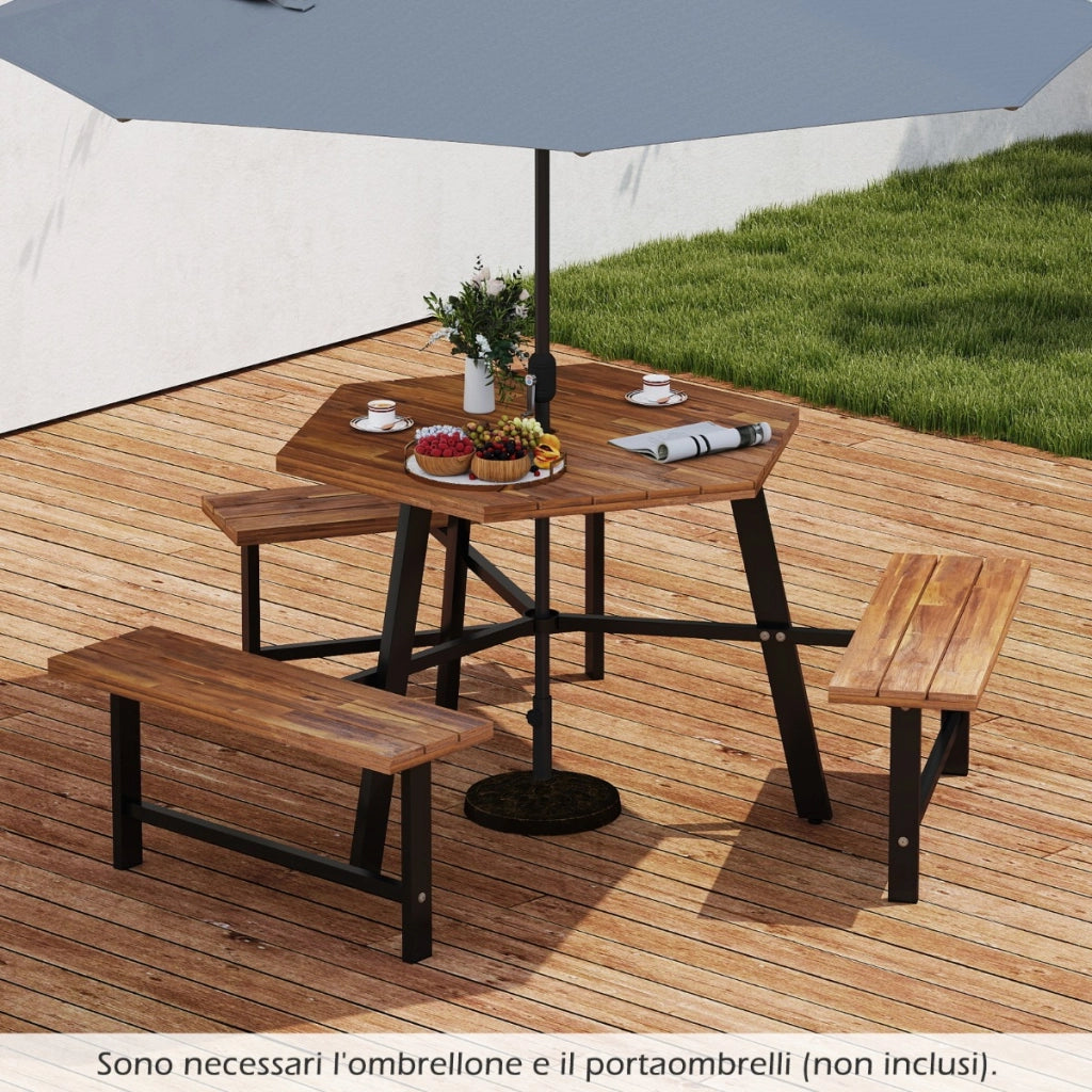 Set tavolo da pranzo con panchine in legno di acacia per 6 persone, Tavolo da picnic con panchine foro per ombrellone Marrone