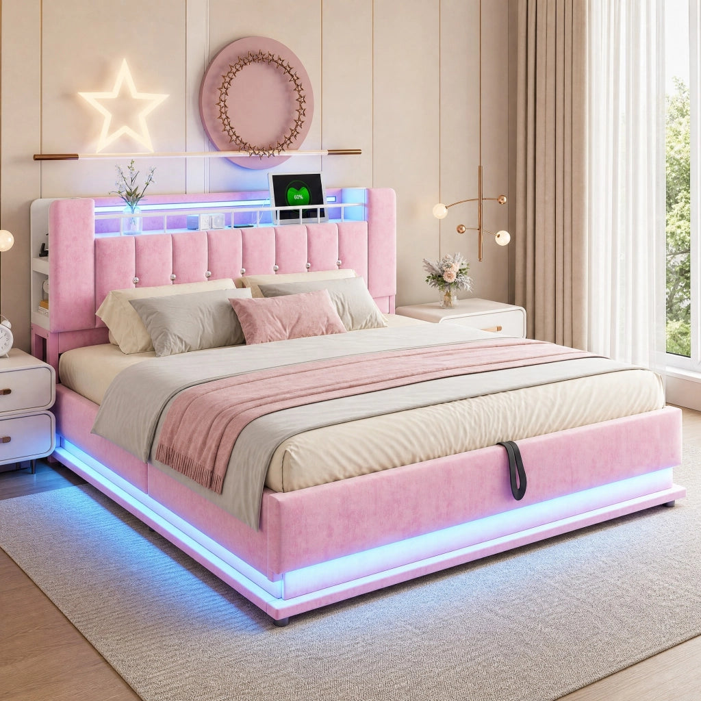Letto matrimoniale imbottito 180x200 cm con LED; USB e contenitore; rosa