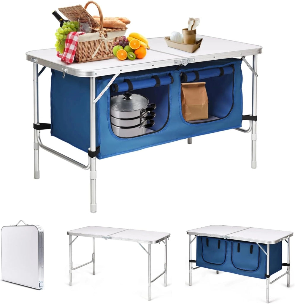 Tavolo da campeggio pieghevole, altezza regolabile in 53,5 cm / 71 cm, tavolo da picnic in alluminio con armadietti da 120 l, tavoli da esterno 120 x 61 cm, per barbecue, feste