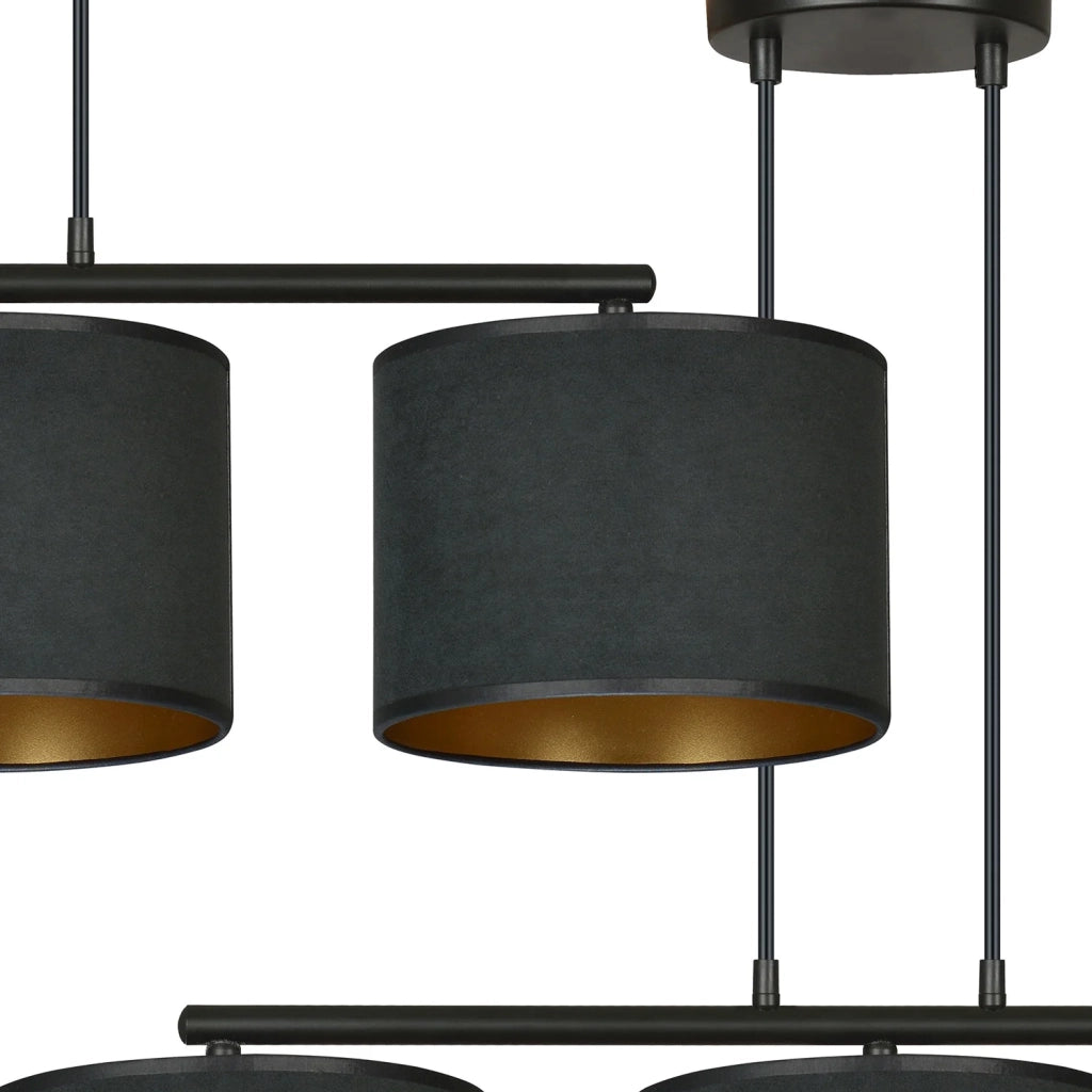 Lampadario 3 Luci Ganesha In Acciaio Nero E Paralumi In Tessuto Nero