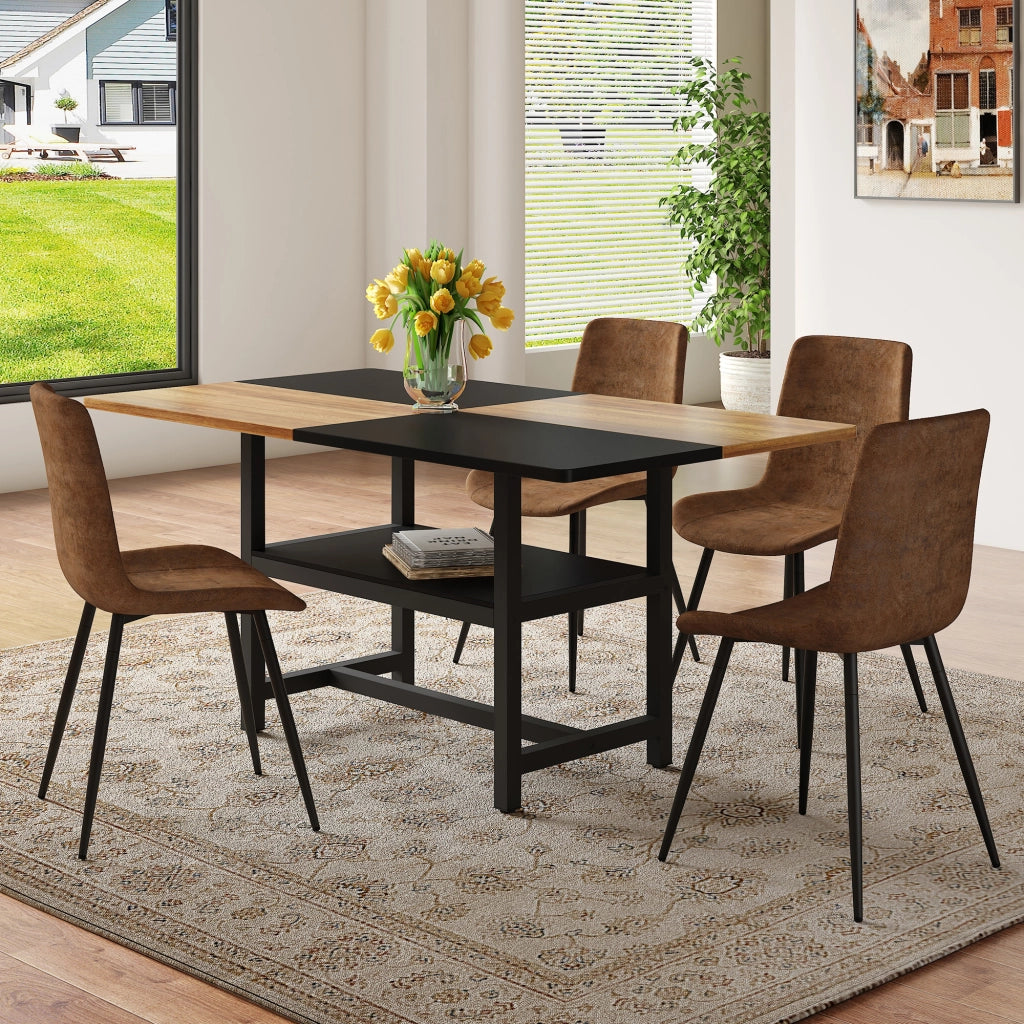 Set tavolo da pranzo e sedie con 1 tavolo e 4 sedie; contenitore; in tessuto tecnico; MDF e metallo marrone e nero