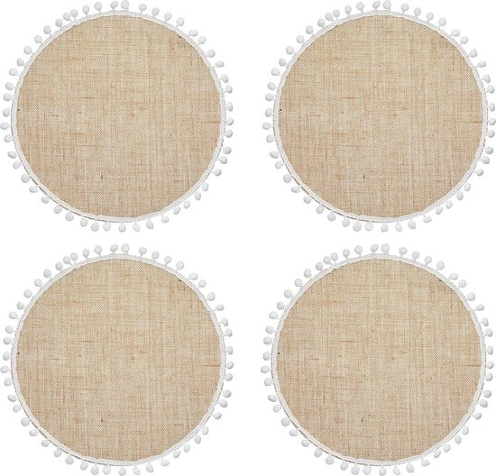 Set di Piatto di Juta da 4 - Tavolino di Juta Ronde Tessuto - Decorazione a Pompom - 38 Centimetro