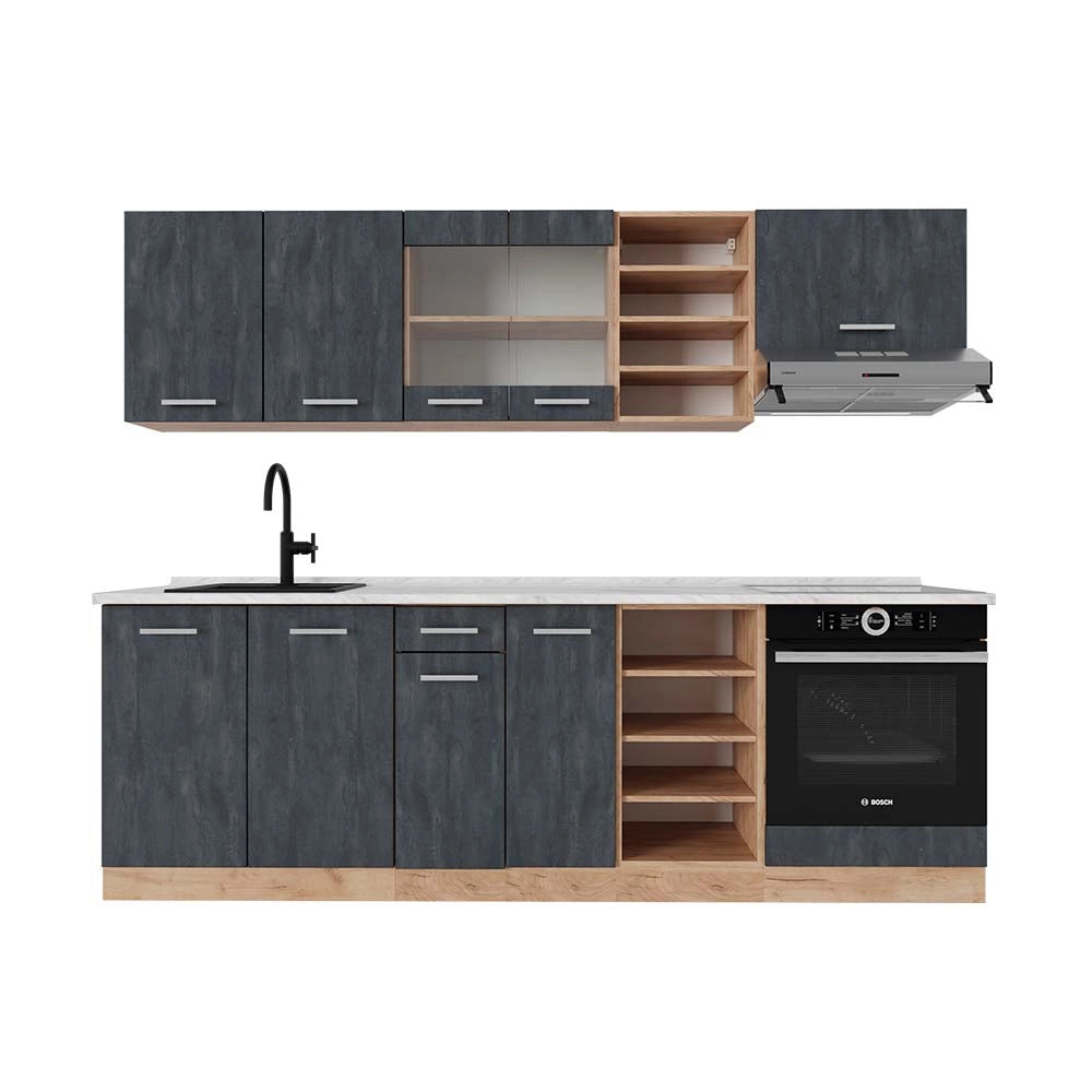 Vicco Cucina componibile Calcestruzzo nero/quercia dorata 240 cm PL Marmo