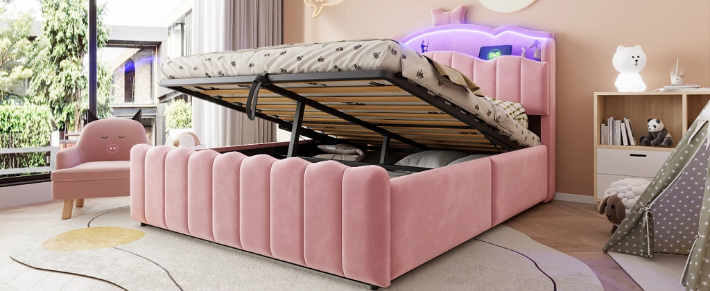 Letto per bambini 140 × 200 cm con contenitore idraulico, LED colorati, USB e USB-C, senza materasso, rosa