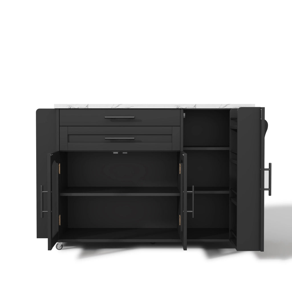 Carrello da cucina con piano pieghevole; cassetti e ante in vetro; MDF; nero