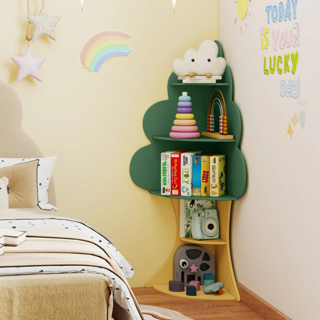 Libreria ad albero per bambini con sistema anti-ribaltamento, Libreria angolare salvaspazio per sala giochi e asilo Verde-Librerie