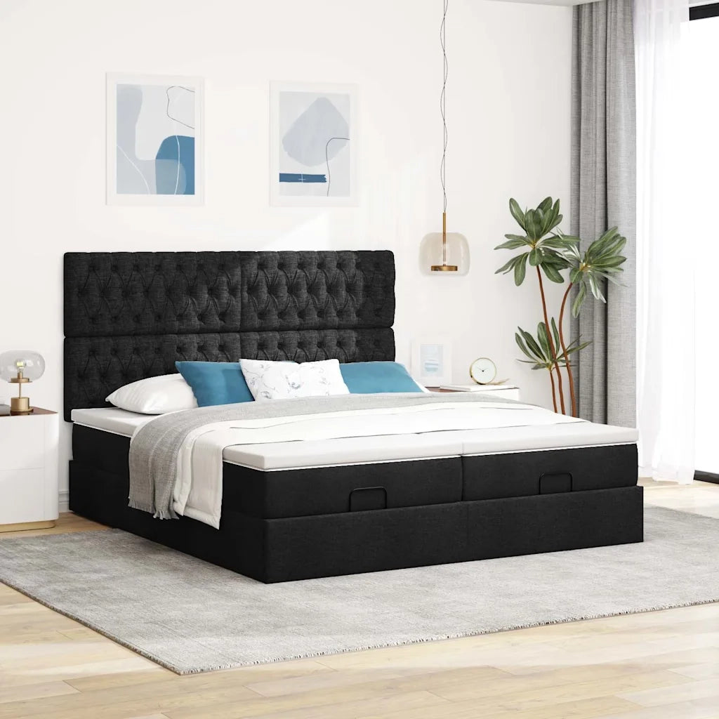 Struttura Letto Pouf con Materassi Nero 180x200 cm in Tessuto 3313715