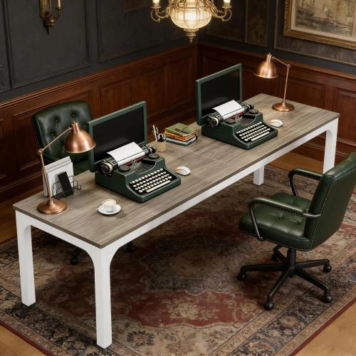 Scrivania lineare per 2 persone con ampia superficie, stile industriale, in legno e metallo, taupe e bianco, 200 × 70 × 75 cm
