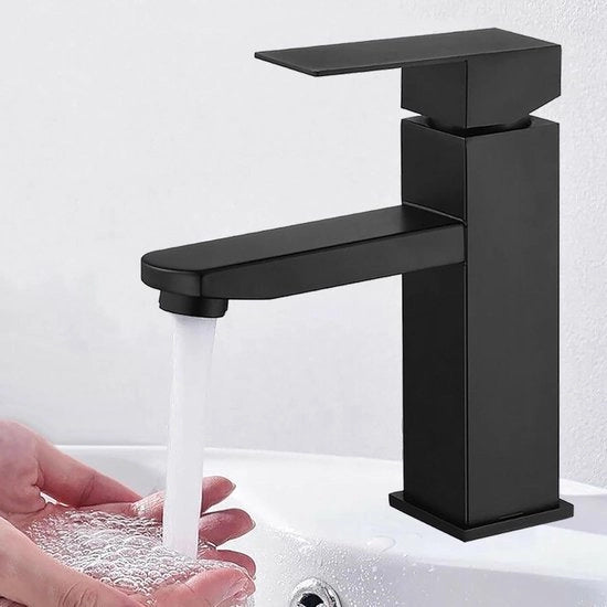 Fonte a due vie con sistema a vite unico, acqua calda e fredda, impianto di tubi, durata utile, lavandino utilizzo frequente, in acciaio inox nero.