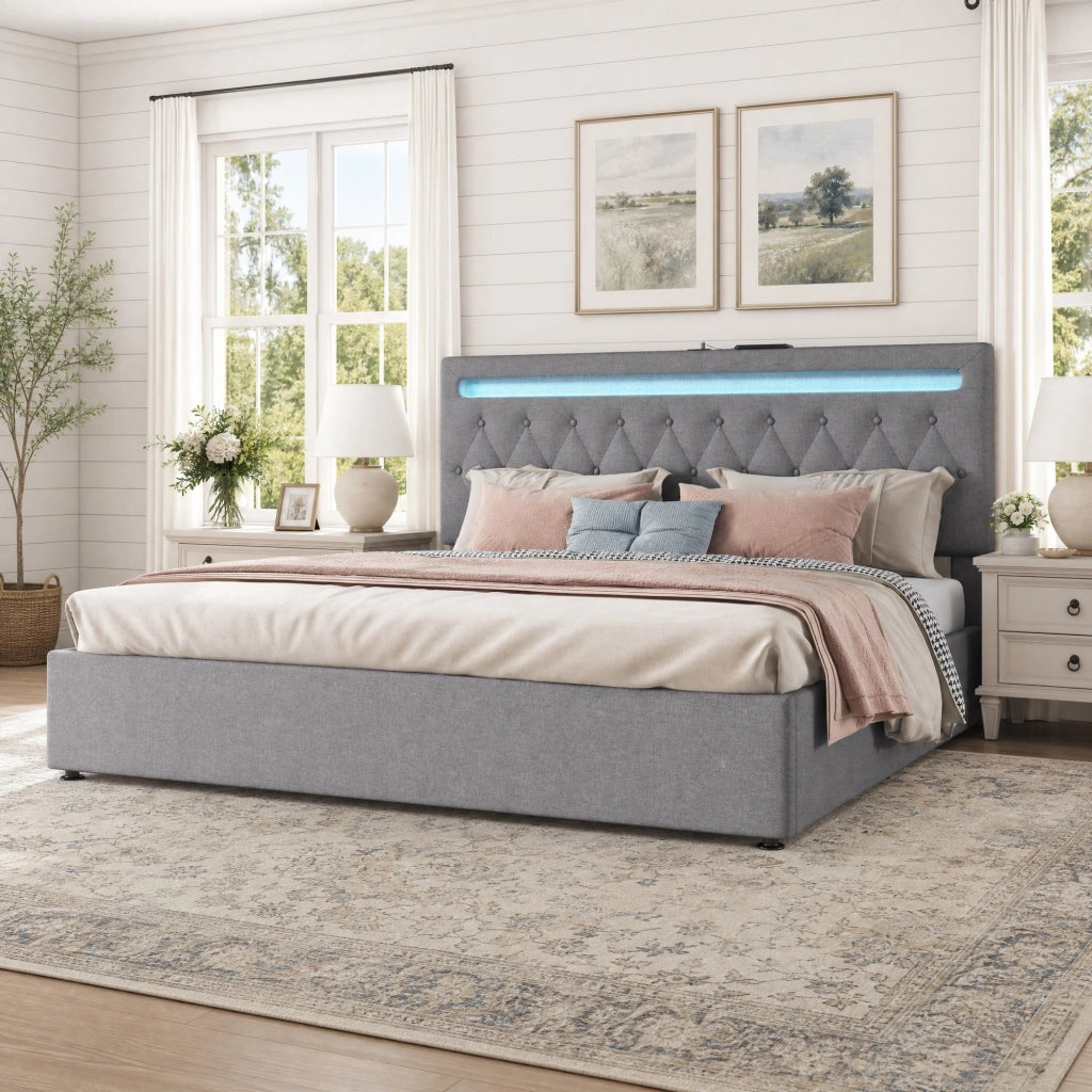 LETTO imbottito 180x200 cm con alzata idraulica, LED e USB, grigio
