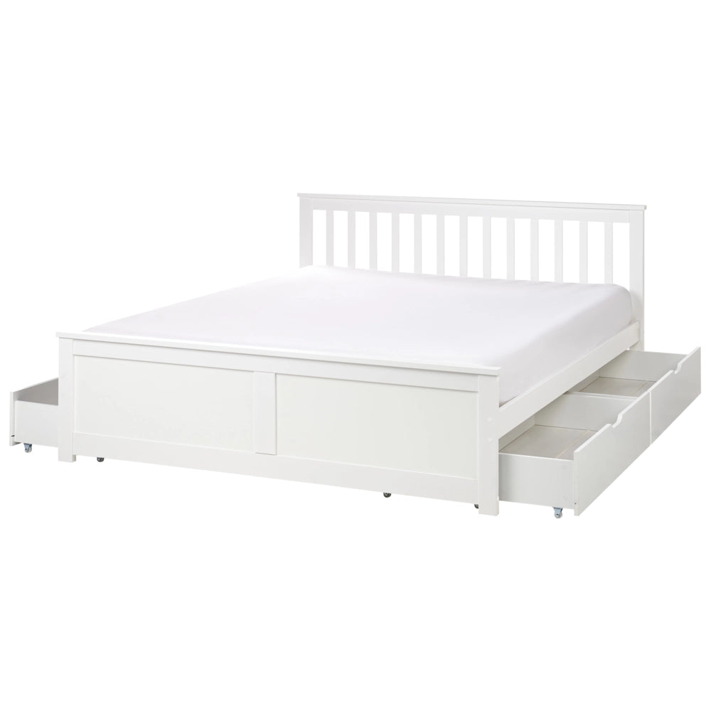 Letto matrimoniale Legno di Pino bianco con Rete a Doghe con 4 cassetti 160 x 200 cm  testiera a doghe minimalista