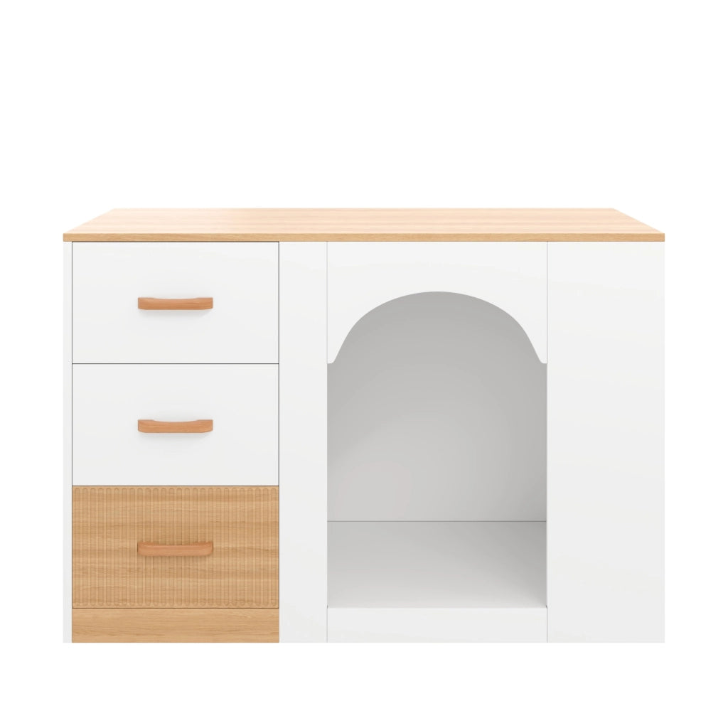 Isola da Cucina 120×60×90 cm con 3 Cassetti; 2 Ripiani Laterali e Zona Riposo per Animali; Bianca Legno