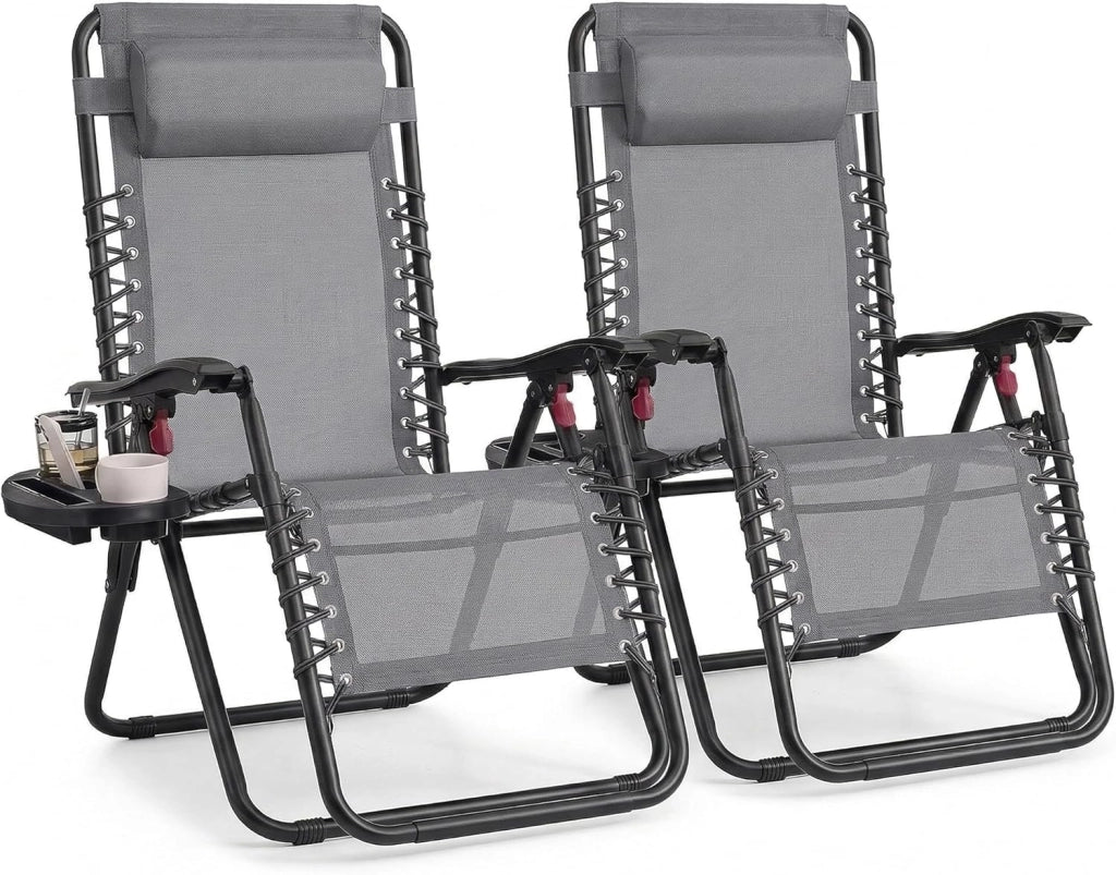 SONGMICS Set da 2 Sedie a Sdraio Pieghevoli, Poltrone a Gravità Zero, Lettini Prendisole Portata 110 kg per Sedia, Poggiatesta Regolabile, Vassoio, per Terrazza e Giardino, Blu Scuro GLB032QZ02