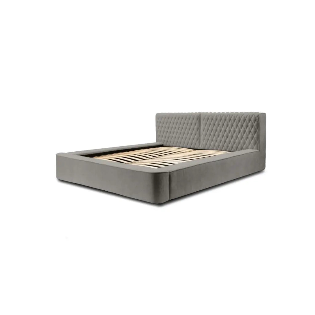 Letto contenitore VERNON – Tessuto ciniglia bouclé Cenere taupe – 160x200 cm – Rete sollevabile – Design di alta gamma