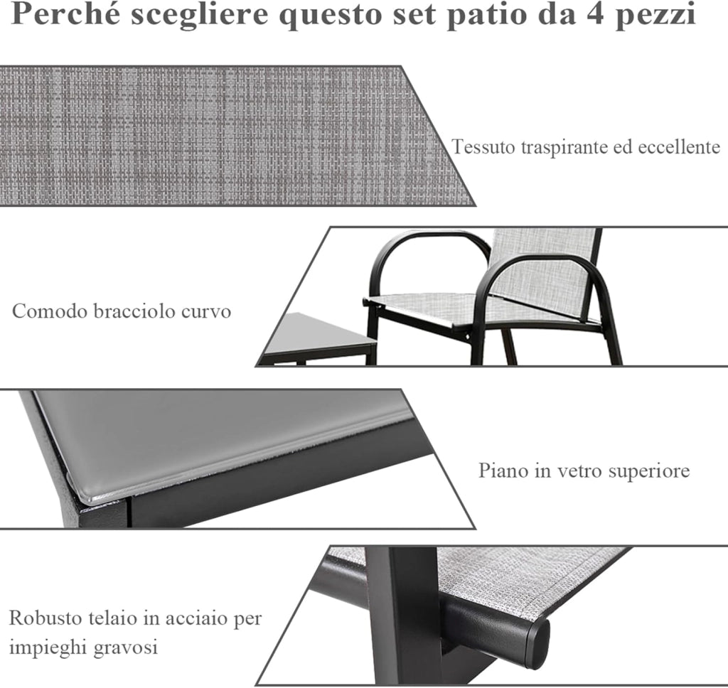 Set da Giardino con 4 Pezzi, Set da Giardino per Chiacchierare, Sedie da Giardino con Tavolino in Vetro, con Struttura Resistente in Ferro, Tessuto a Rete Traspirante (Grigio)