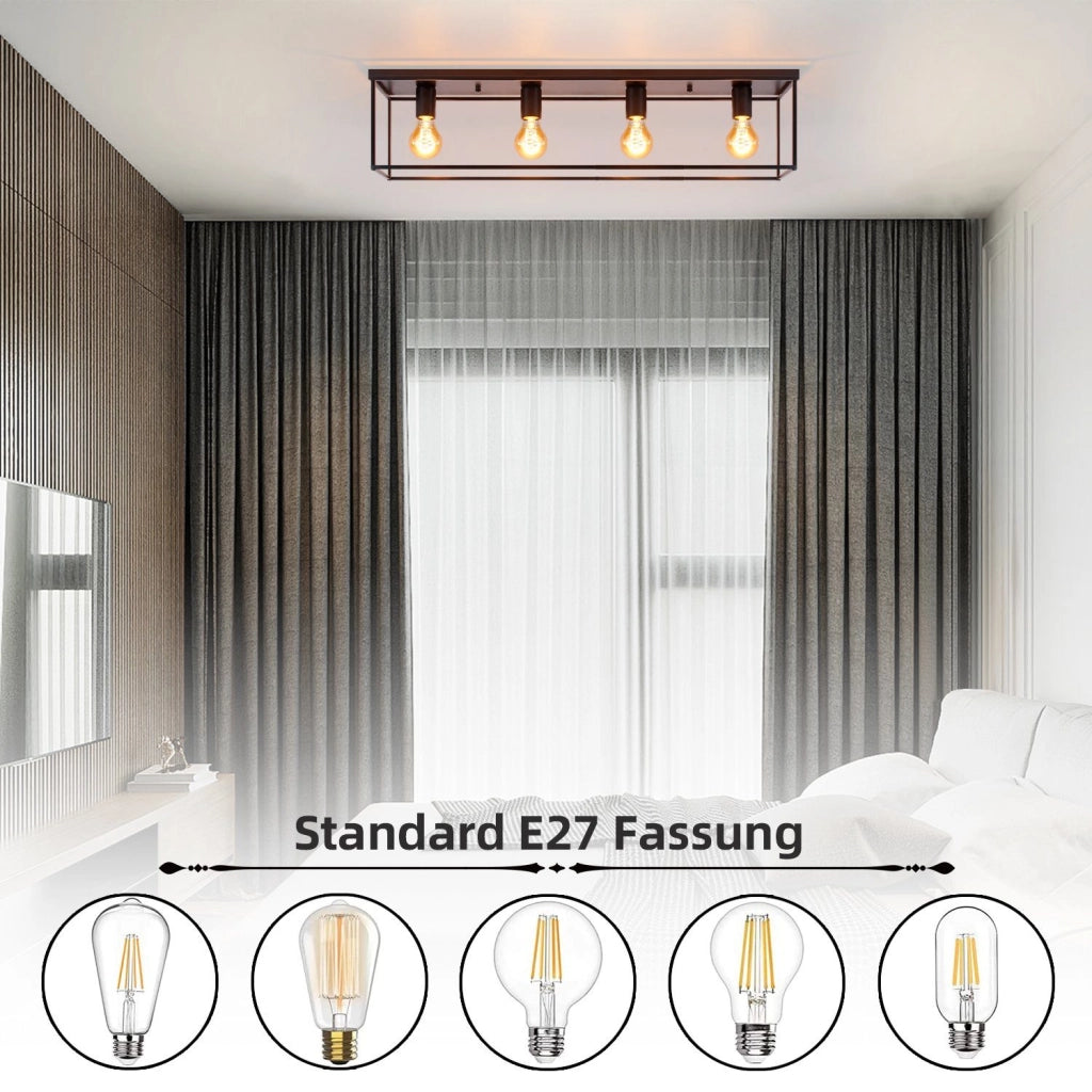 ZMH Lampada da soffitto industriale retrò nera 4 teste E27 con lampadine per camera letto soggiorno cucina corridoio