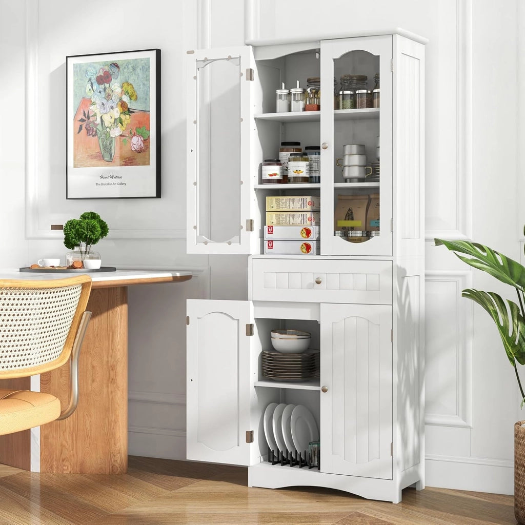 Mobile da Bagno a Terra, Armadietto da Bagno Alto, Mobiletto da Bagno Moderno, con 4 Ante in Vetro e 1 Cassetto, Ripiani Regolabili in Altezza, Ampio Spazio di Stoccaggio per Casa (Bianco)