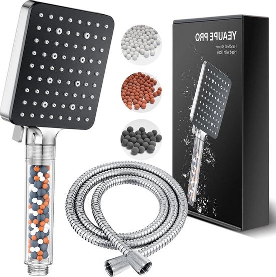 Douchekop e tubo 16 m con filtro - Testa d'acqua quadrata a alta pressione per doccia (115 x 100 mm) 6 modalità di getto grande potenza regolazione della portata doccia a bassa pressione con filtro per acqua dura