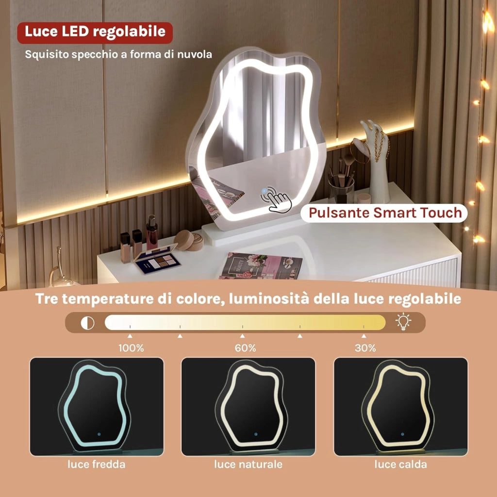 Toeletta con Luce LED, Luminosità Regolabile, Specchio a Nuvola, Piano Lucido, 5 Cassetti in Legno Massiccio, 1 Cassettiera, Moderno, Bianco e Nero