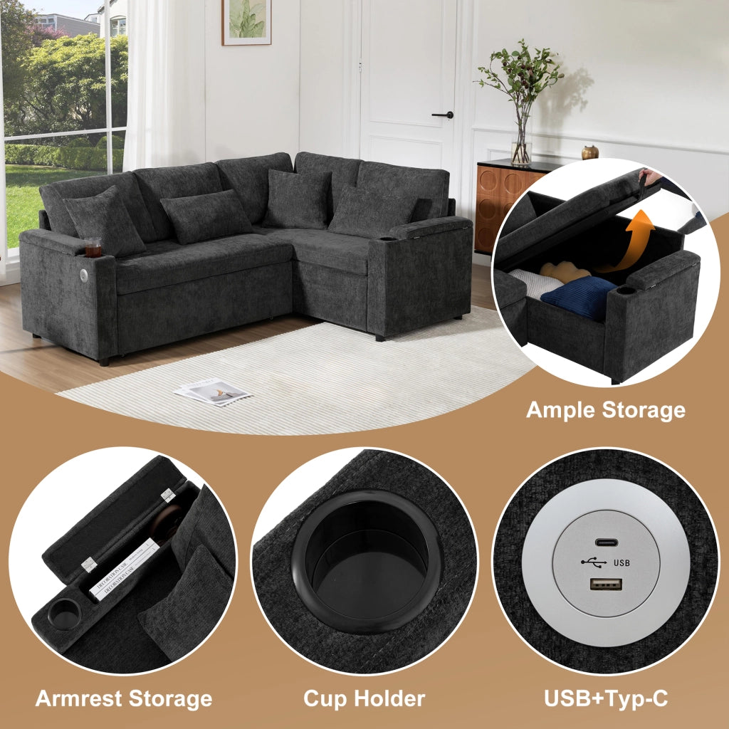 Divano angolare letto con contenitore; portabicchieri e USB; in ciniglia grigio scuro