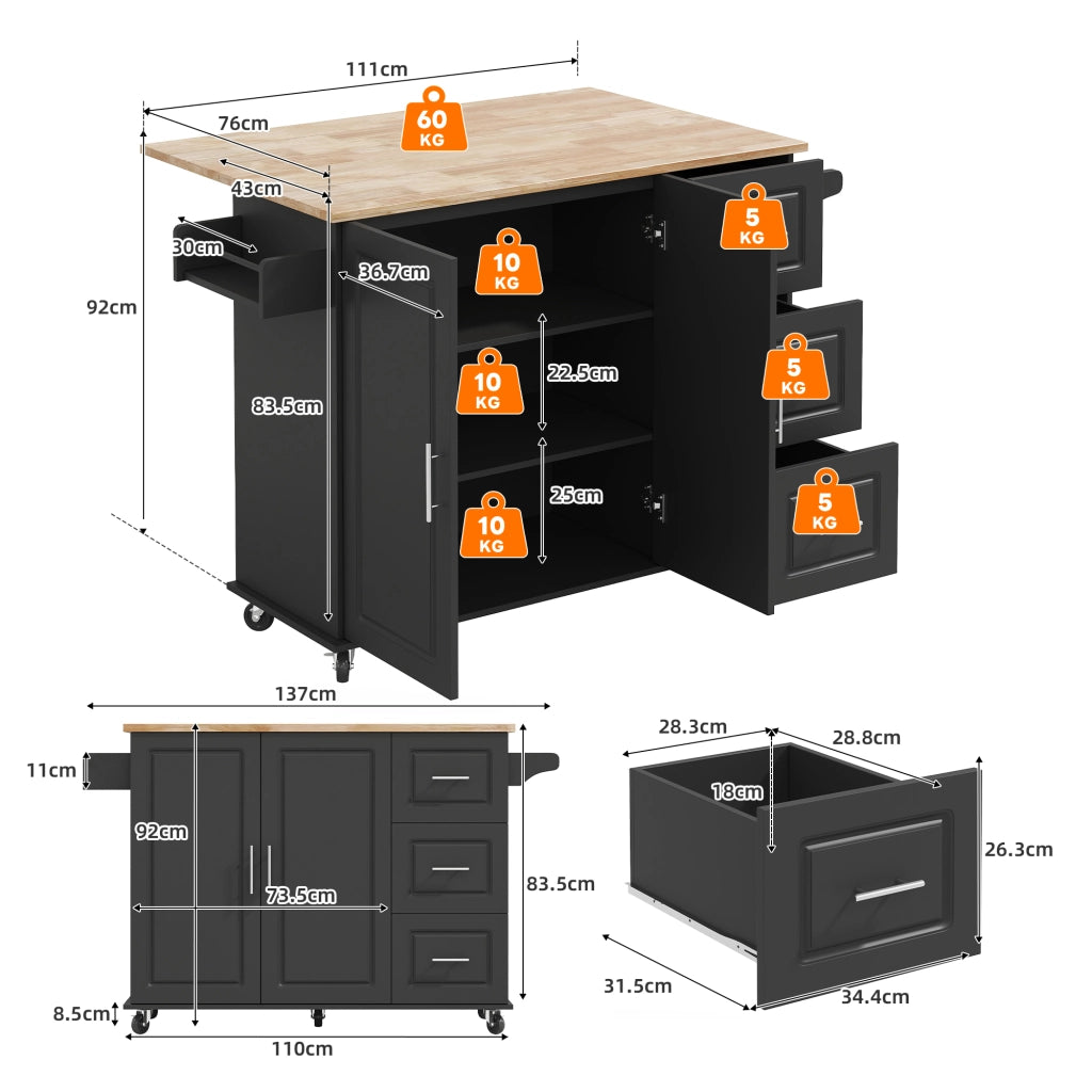 Isola da cucina mobile pieghevole con piano in effetto rovere, 3 cassetti, armadio a 2 ante e porta asciugamani, nero