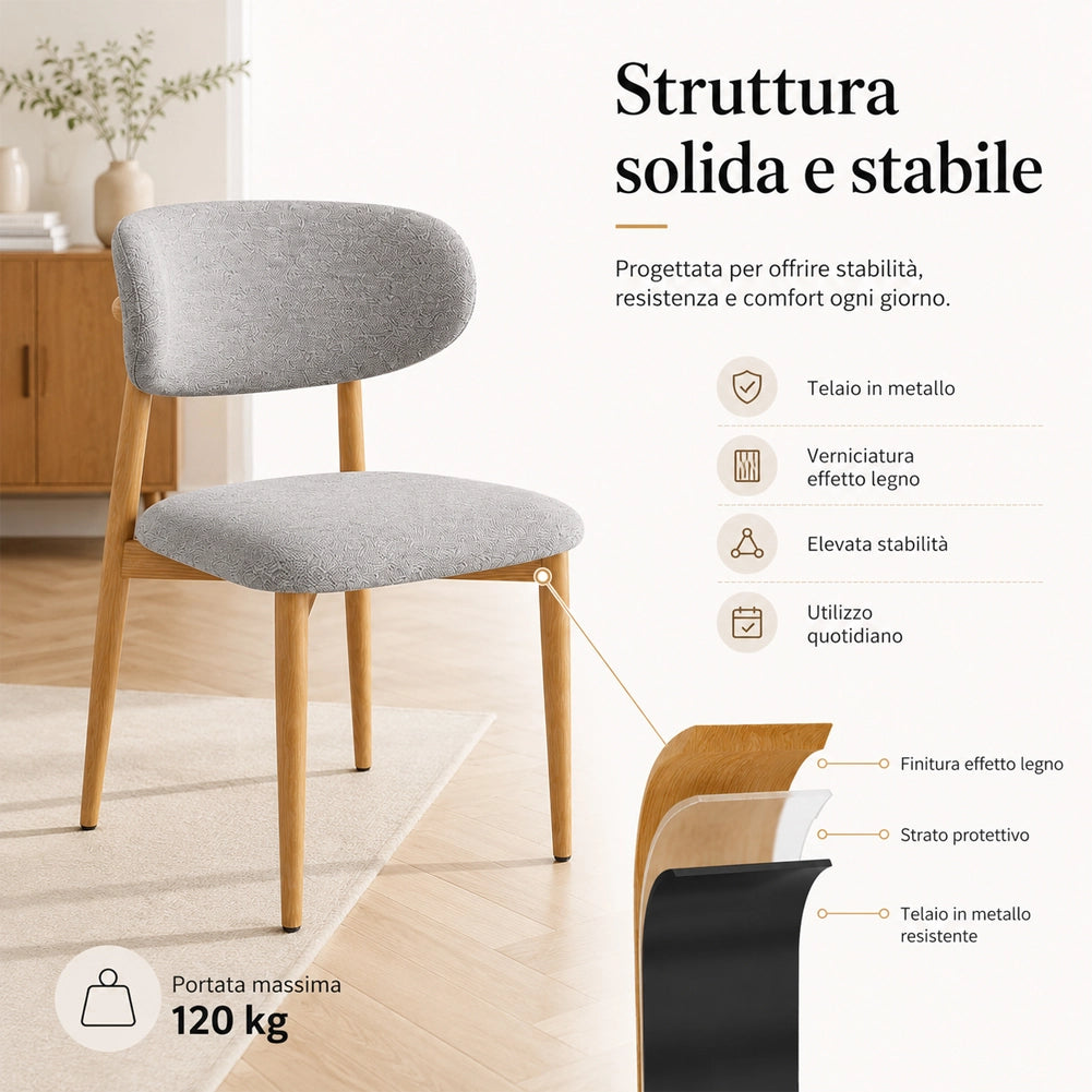 Set 4 Sedie da Pranzo con Gambe in Metallo Effetto Legno e Seduta Tessuto Grigio