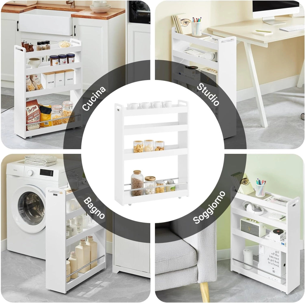 Carrello Slim per Cucina e Bagno con 4 Ruote Scaffale Salvaspazio a 4 Ripiani con Aste Antiscivolo Unità di Stoccaggio per Cucina, Bagno, Forniture per Bellezza o Artigianato 60x18x82cm NSR01-W
