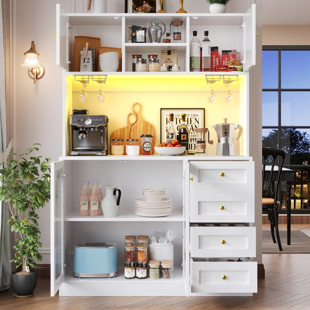 Credenza da Cucina con Ante e Cassetti; LED con Controllo da App; in MDF; 120 x 40 x 188 cm; Bianco
