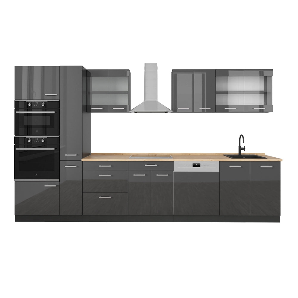 Cucina completa R-Line Antracite lucido/Antracite 350 cm, PL Rovere Vicco